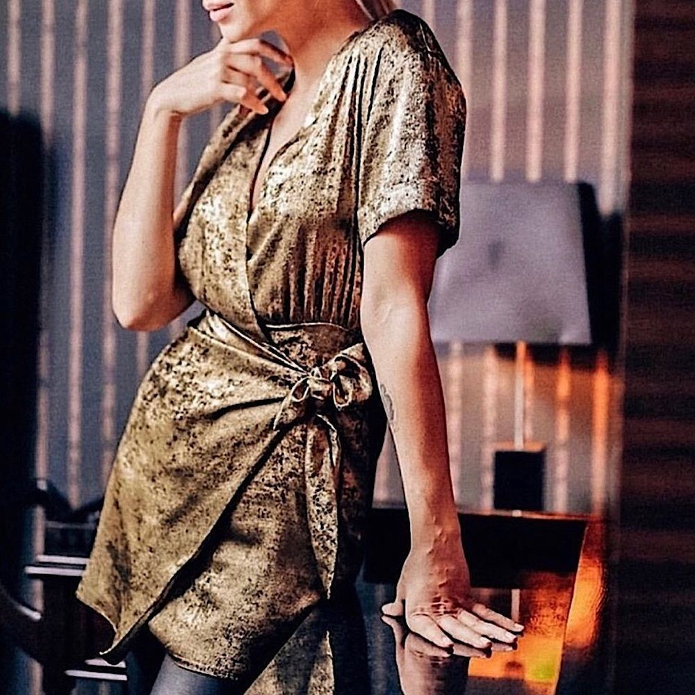 ZARA Wrap Dress Gold Shiny Metallic Dress • BLOGGER FAVORITE • Size XS